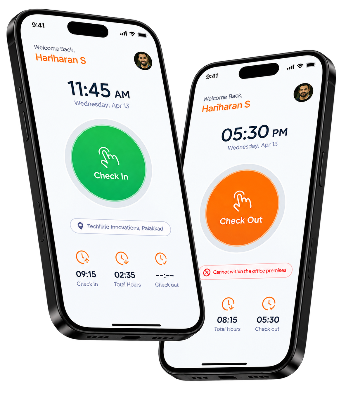Offixo Check In and Check Out screens